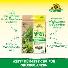 The packaging of the Neudorff Shop Azet fertilizer sticks for green plants features nutrient depot, organic ingredients, long-lasting effect, and benefits such as supporting healthy growth - all in German text.