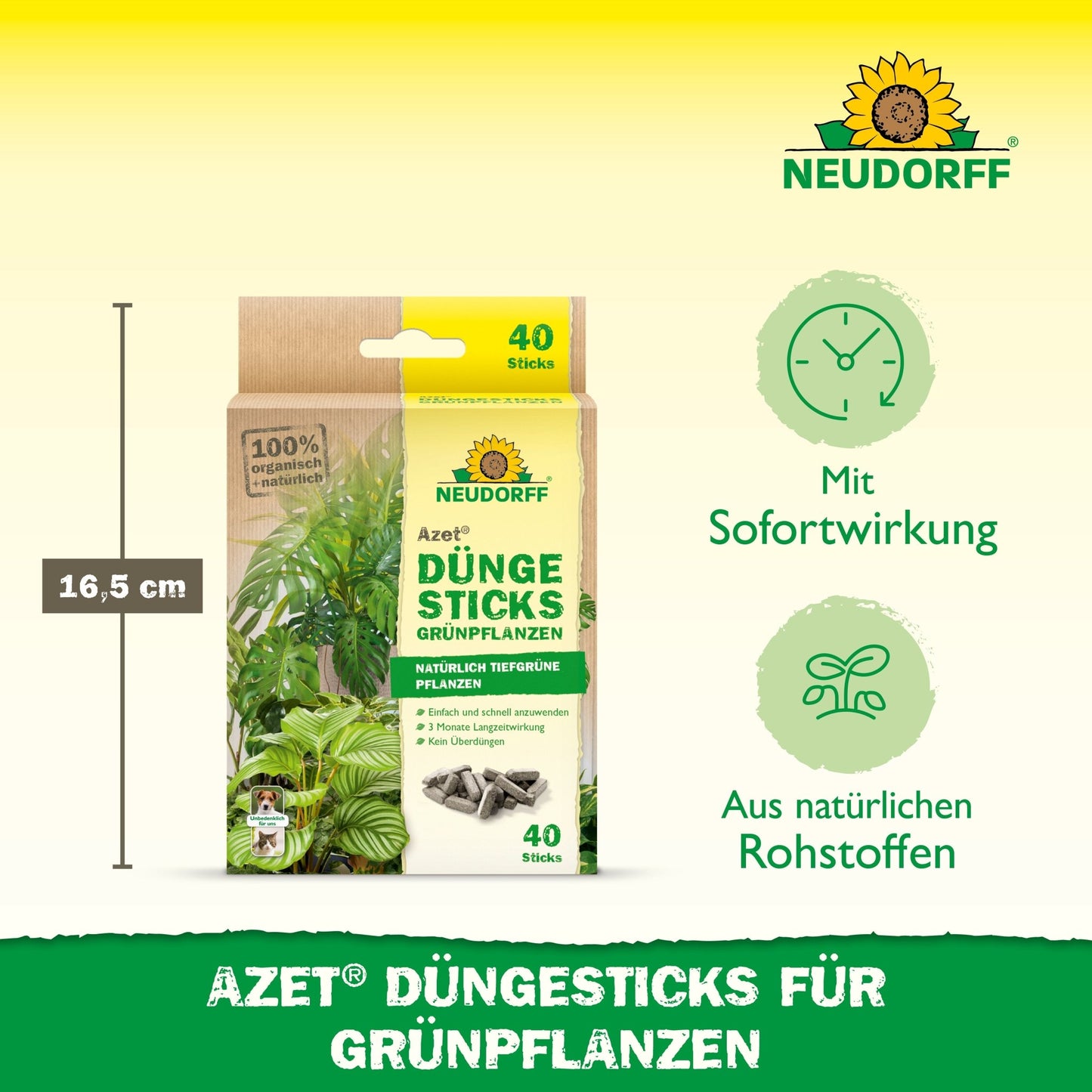 The illustration shows a Neudorff Shop Azet fertilizer sticks for green plants box with 40 fertilizer sticks (16.5 cm height), characterized by immediate effect, natural raw materials, and a practical nutrient depot for green plants.