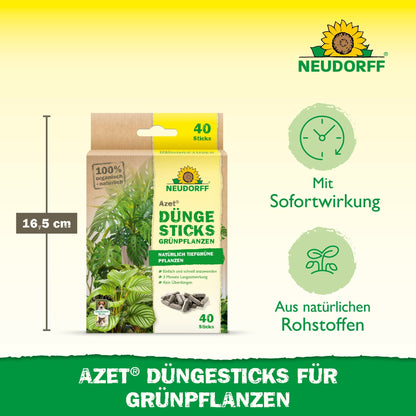 The illustration shows a Neudorff Shop Azet fertilizer sticks for green plants box with 40 fertilizer sticks (16.5 cm height), characterized by immediate effect, natural raw materials, and a practical nutrient depot for green plants.