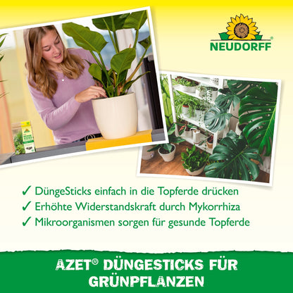 A woman presses an Azet fertilizer stick for green plants from the Neudorff Shop into the plant soil. Another photo shows healthy green foliage, while icons highlight the nutrient depot and the benefits of these fertilizer sticks for green plants.