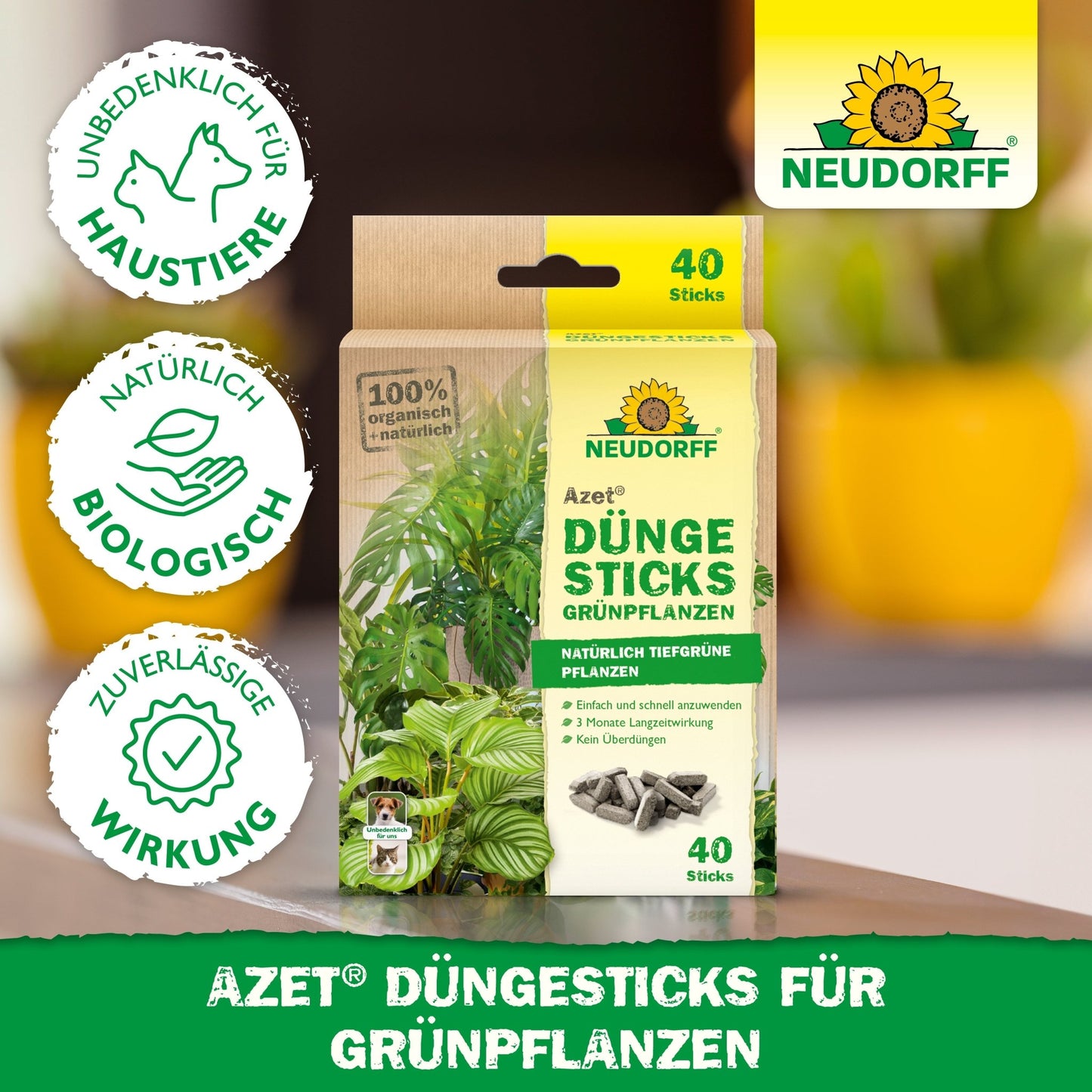 Pictured is a pack of Neudorff Shop Azet fertilizer sticks for green plants with the information 40 sticks, nutrient depot, animal protection, natural ingredients, and reliable effect. The image shows green leaves and certification symbols.