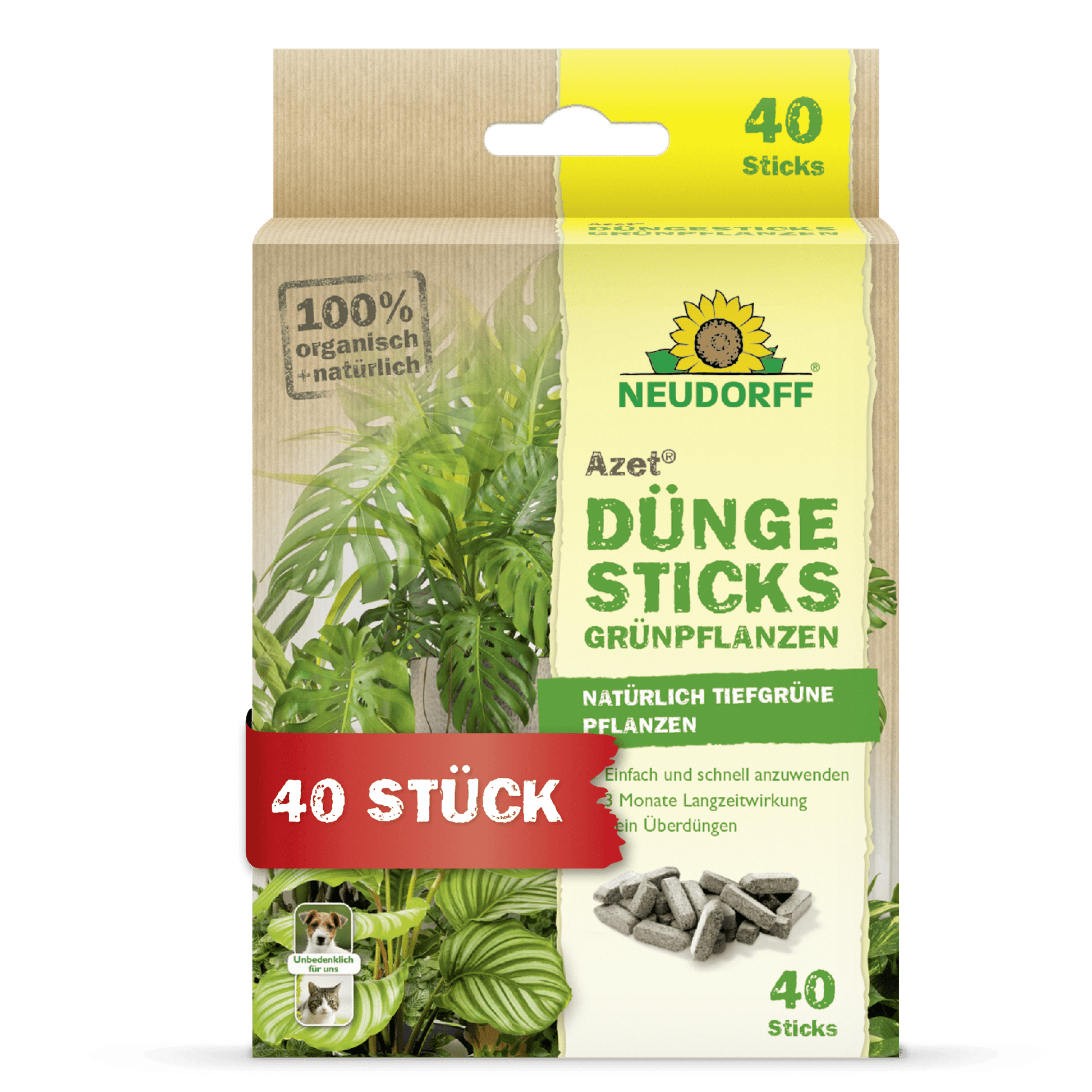 The Azet fertilizer sticks for green plants from Neudorff Shop are delivered in a box with a plant image, product information, and a "40 pieces" label. The packaging highlights the 100% organic, natural ingredients and the nutrient depot technology.
