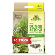 The Azet fertilizer sticks for green plants from Neudorff Shop are delivered in a box with a plant image, product information, and a "40 pieces" label. The packaging highlights the 100% organic, natural ingredients and the nutrient depot technology.