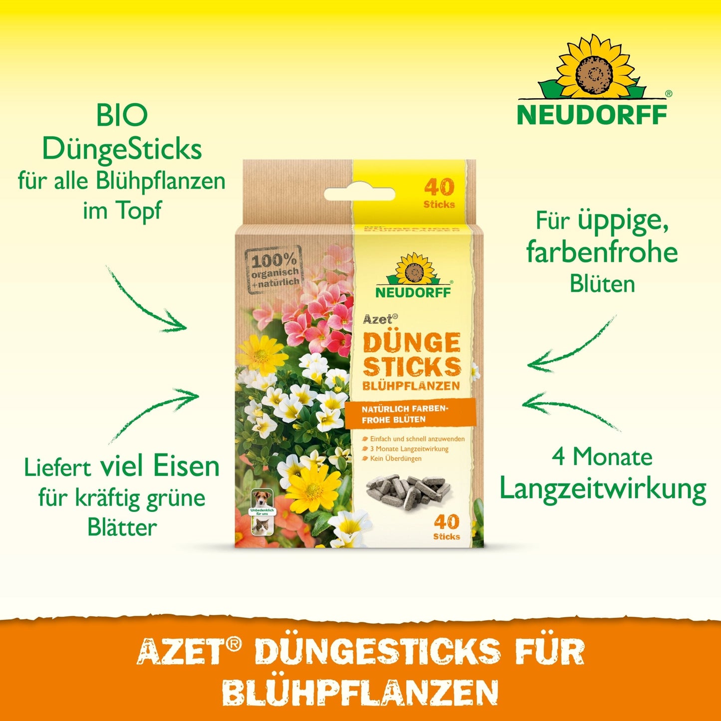 A box of Neudorff Shop Azet Fertilizer Sticks for flowering plants is shown among flowers, with notes on the 4-month effect, iron supply, organic content, and optimal nutrition for vibrant blooms.