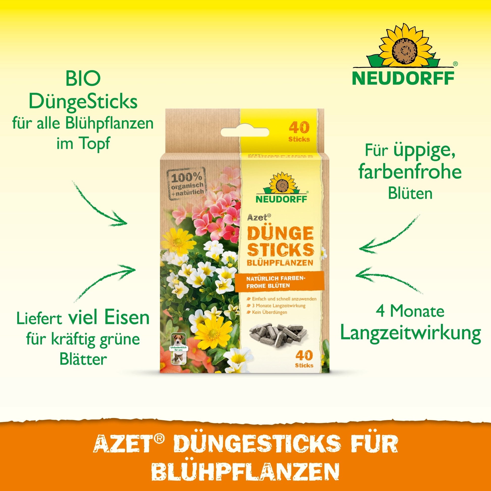 A box of Neudorff Shop Azet Fertilizer Sticks for flowering plants is shown among flowers, with notes on the 4-month effect, iron supply, organic content, and optimal nutrition for vibrant blooms.