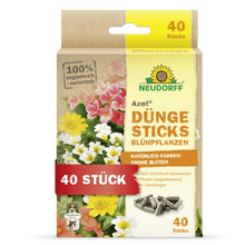 Front view of a box of Neudorff Shop Azet Fertilizer Sticks for flowering plants with flower illustrations, product information, a label for 40 sticks, and packaging in yellow with green and red accents.