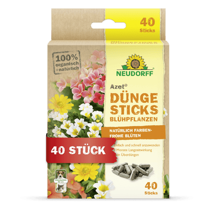 Front view of a box of Neudorff Shop Azet Fertilizer Sticks for flowering plants with flower illustrations, product information, a label for 40 sticks, and packaging in yellow with green and red accents.
