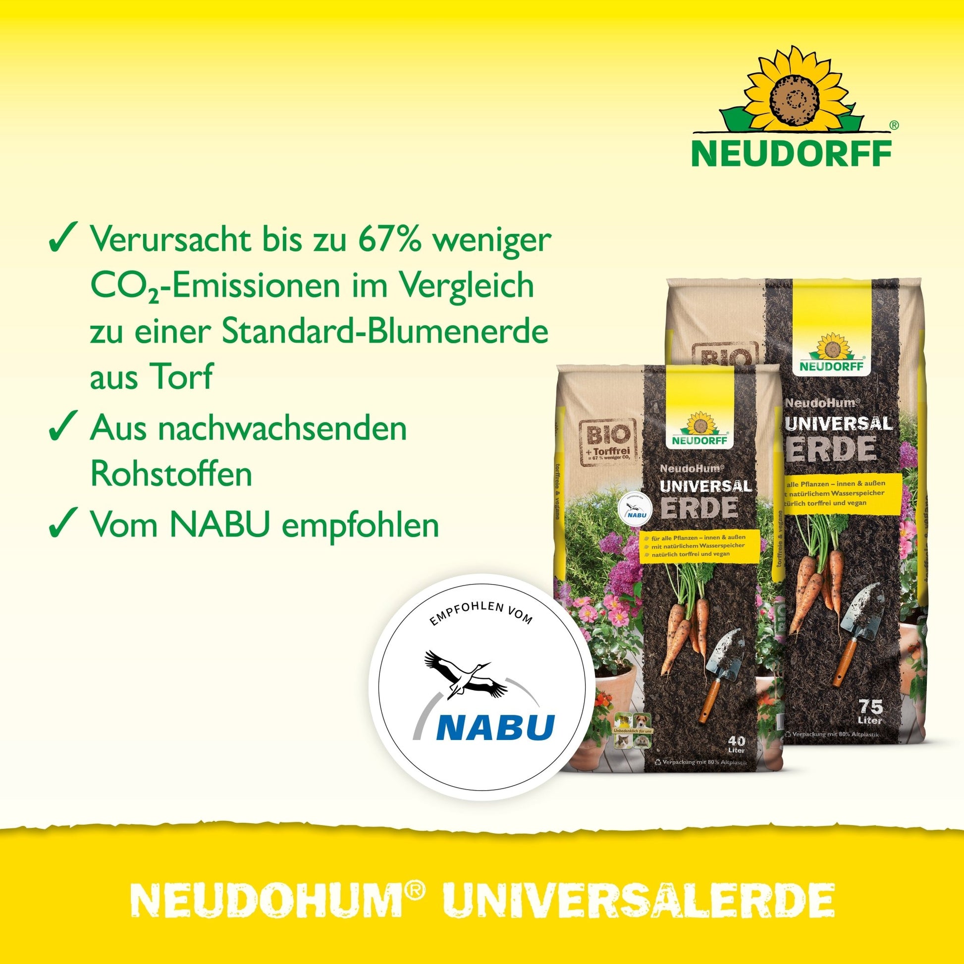 Two bags of NeudoHum Universal Soil from Neudorff Shop are shown with the German advantages: reduced CO2 emissions, renewable raw materials, peat-free, and NABU recommendation. The NABU logo is also visible.