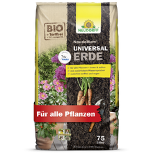 A 75-liter bag of NeudoHum Universal Soil from Neudorff Shop, with images of vegetables and flowers, labeled as peat-free and organic, suitable for all plants.