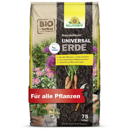 A 75-liter bag of NeudoHum Universal Soil from Neudorff Shop, with images of vegetables and flowers, labeled as peat-free and organic, suitable for all plants.