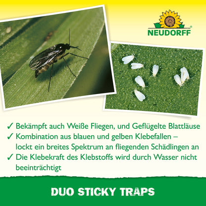 Close-up: a black flying insect on a leaf and several small white insects on green. German text advertises Duo sticky traps from Neudorff Shop for combating whiteflies and aphids. The Neudorff Shop logo appears in the image.