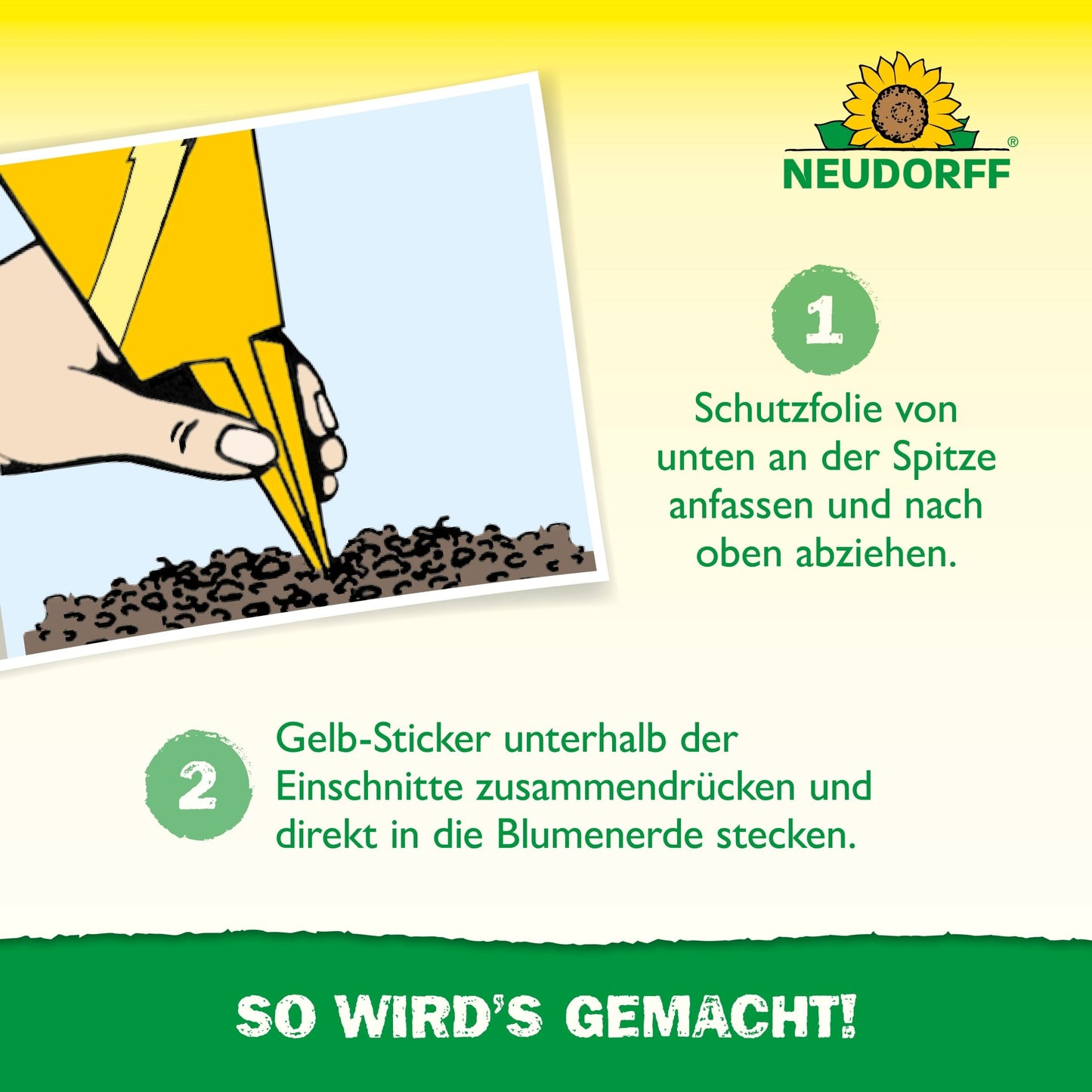 An illustrated guide from Neudorff Shop shows how to remove the protective film from Duo sticky traps and place them in the potting soil. The instructions are written in German.