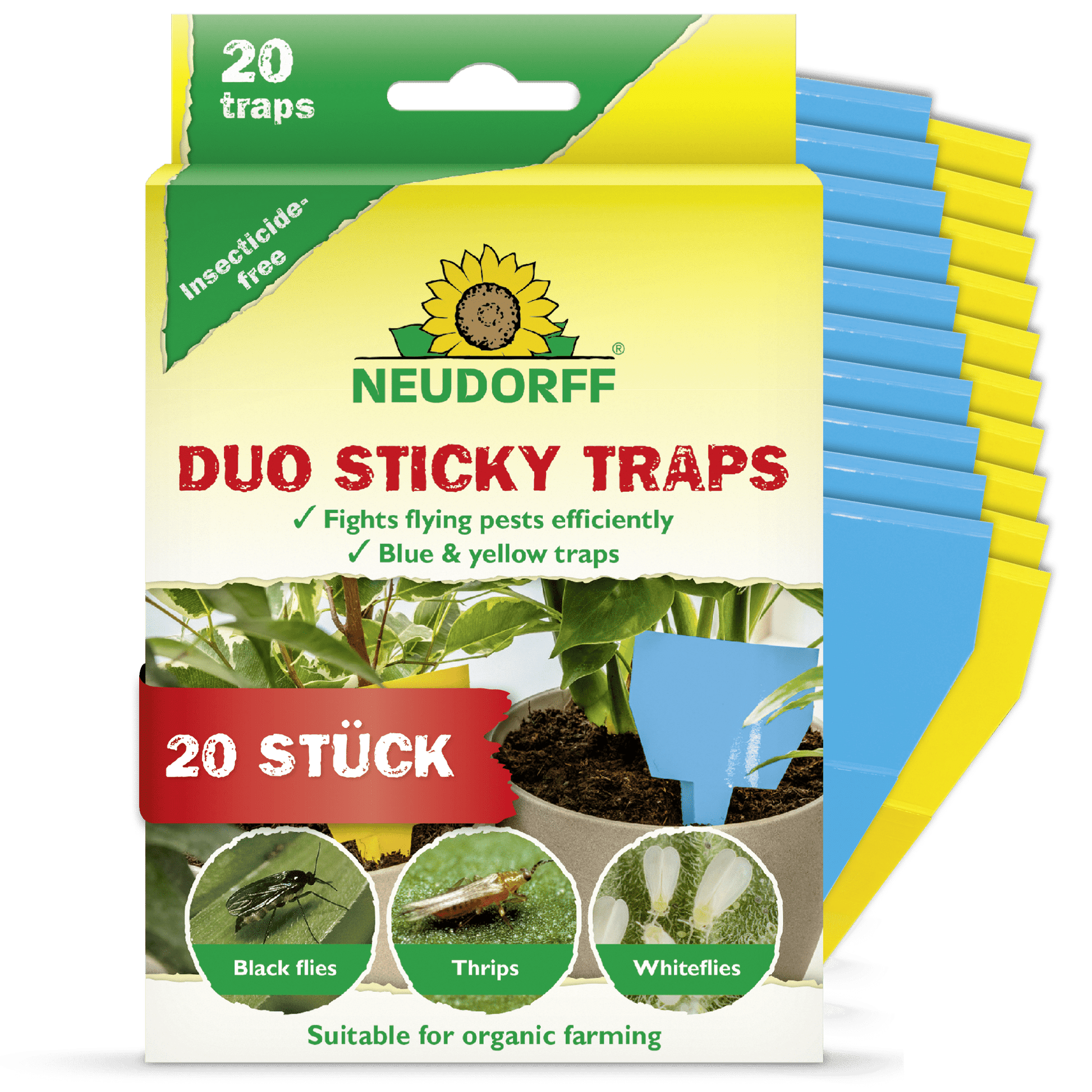 A box with Neudorff Shop Duo sticky traps for organic farming, featuring plant and insect images on the front. Contains 20 blue and yellow traps for catching thrips, with both trap colors depicted next to the box.