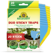 A box with Neudorff Shop Duo sticky traps for organic farming, featuring plant and insect images on the front. Contains 20 blue and yellow traps for catching thrips, with both trap colors depicted next to the box.