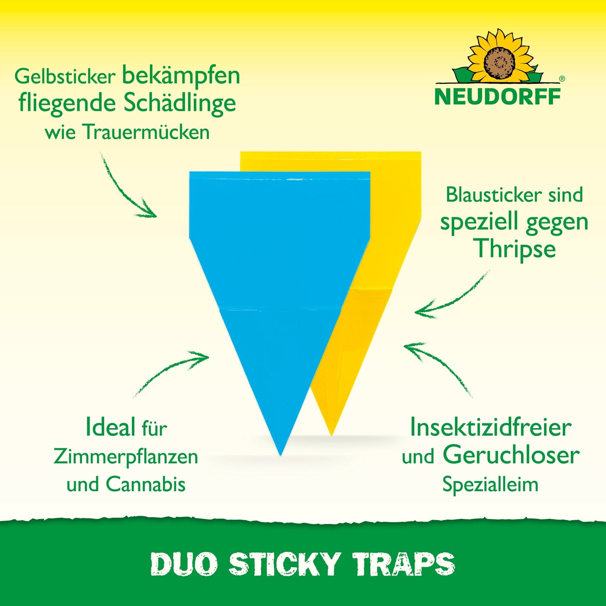 Depicted are two Duo sticky traps from Neudorff Shop with German text for combating thrips and fungus gnats. The Neudorff logo with the sunflower is visible in the top right on a green background.