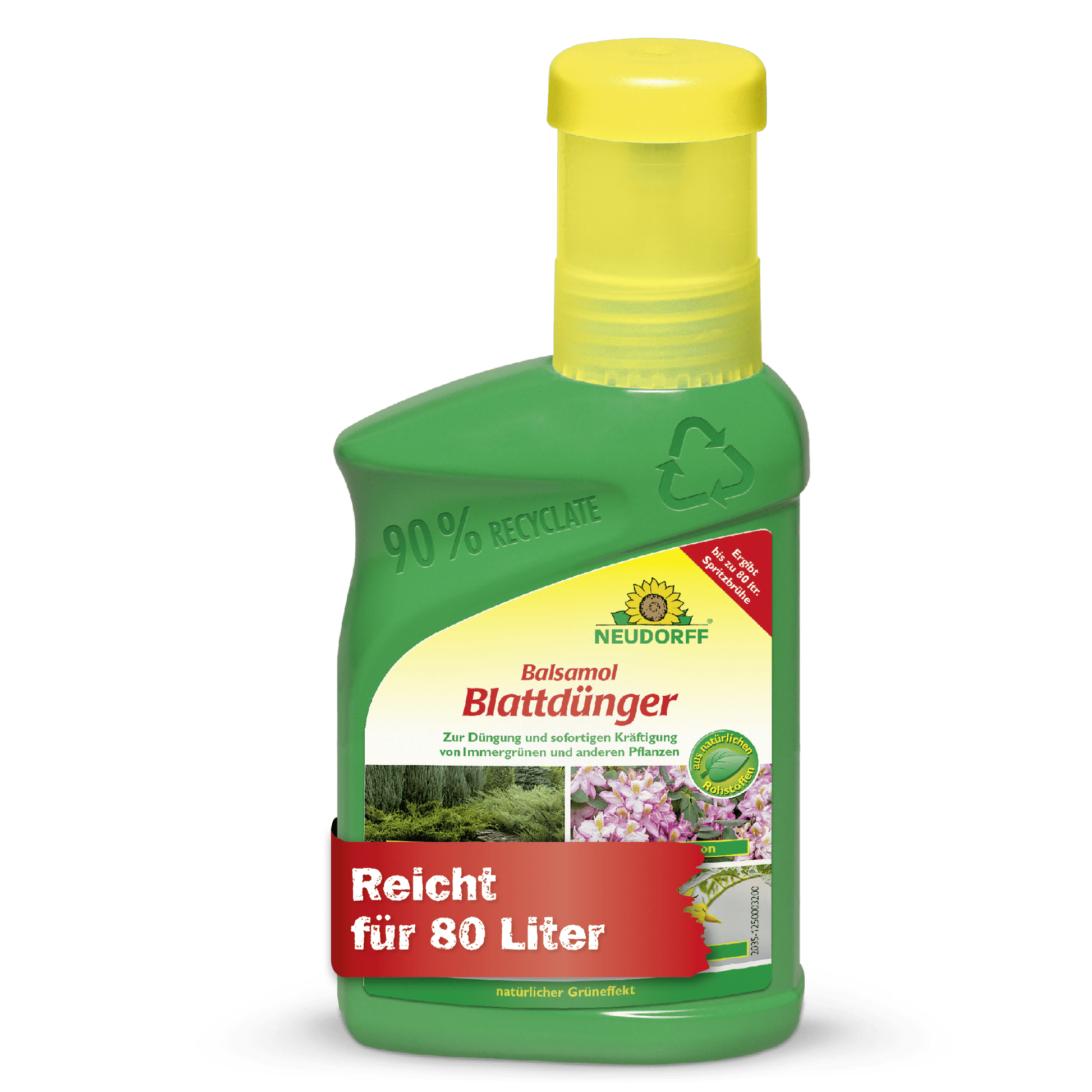 A green plastic bottle of Neudorff Shop Balsamol foliar fertilizer with a yellow cap; suitable for 80 L, ideal for conifers and evergreens, and made from 90% recycled plastic.