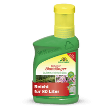 A green plastic bottle of Neudorff Shop Balsamol foliar fertilizer with a yellow cap; suitable for 80 L, ideal for conifers and evergreens, and made from 90% recycled plastic.