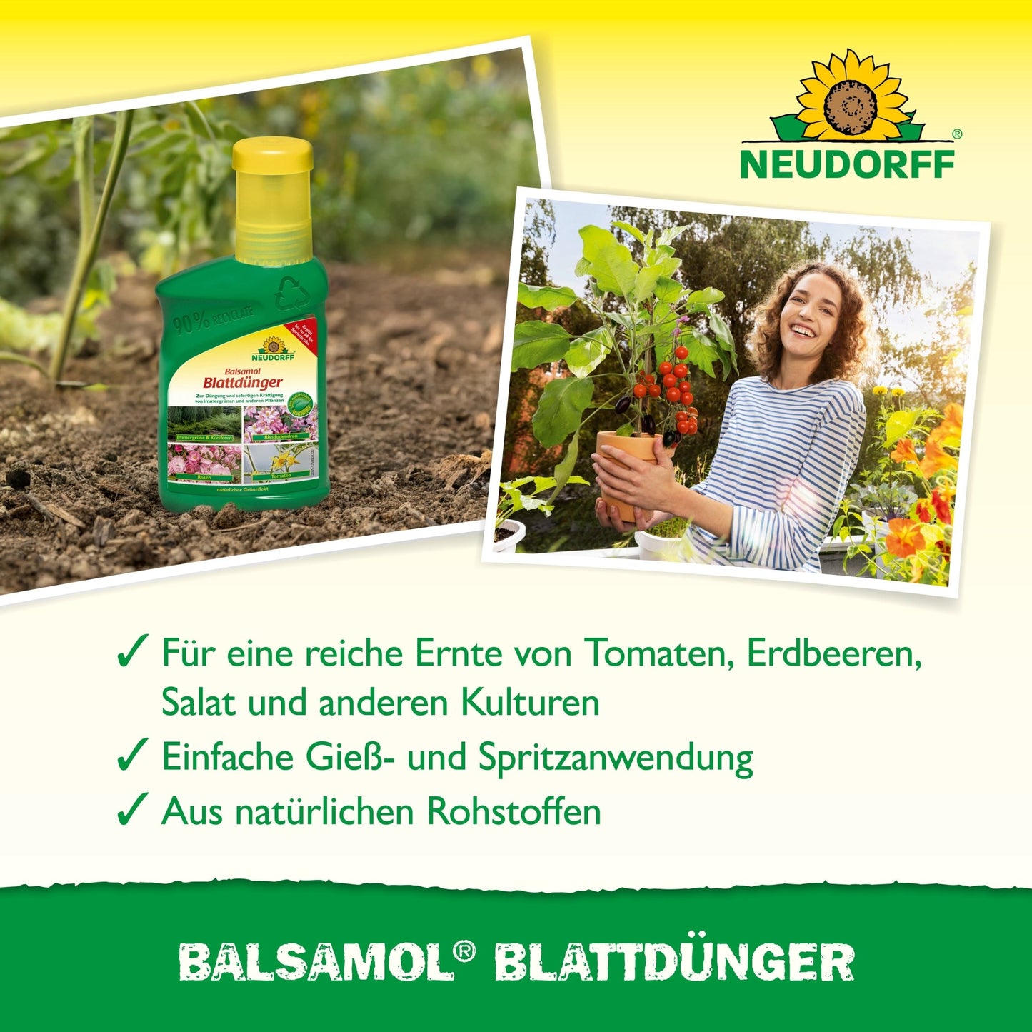 A bottle of Balsamol foliar fertilizer from the Neudorff Shop is pictured next to a smiling woman with a tomato plant. The text presents the natural ingredients and benefits for conifers and other plants on a yellow-green background.