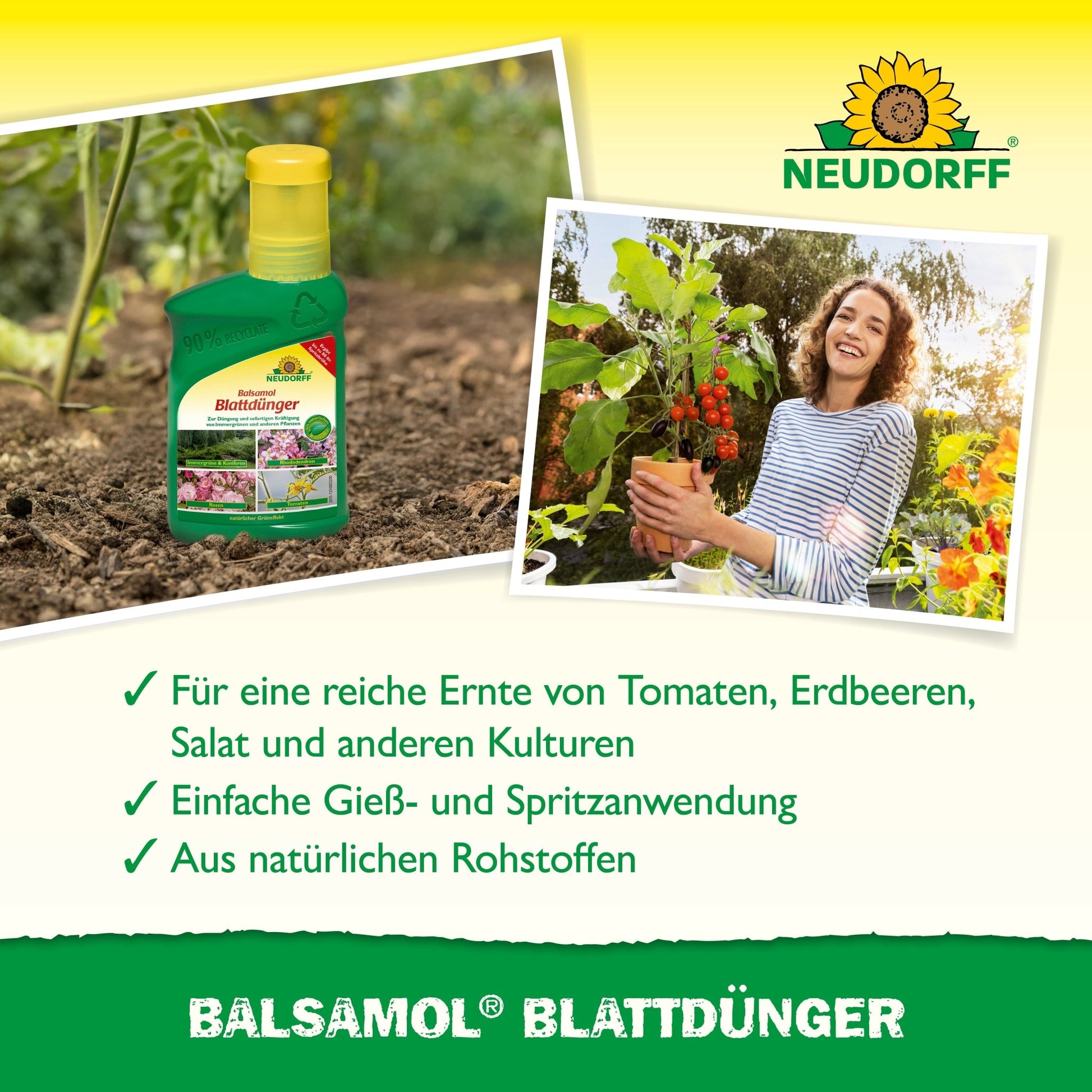 A bottle of Balsamol foliar fertilizer from the Neudorff Shop is pictured next to a smiling woman with a tomato plant. The text presents the natural ingredients and benefits for conifers and other plants on a yellow-green background.