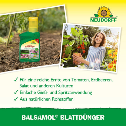 A bottle of Balsamol foliar fertilizer from the Neudorff Shop is pictured next to a smiling woman with a tomato plant. The text presents the natural ingredients and benefits for conifers and other plants on a yellow-green background.