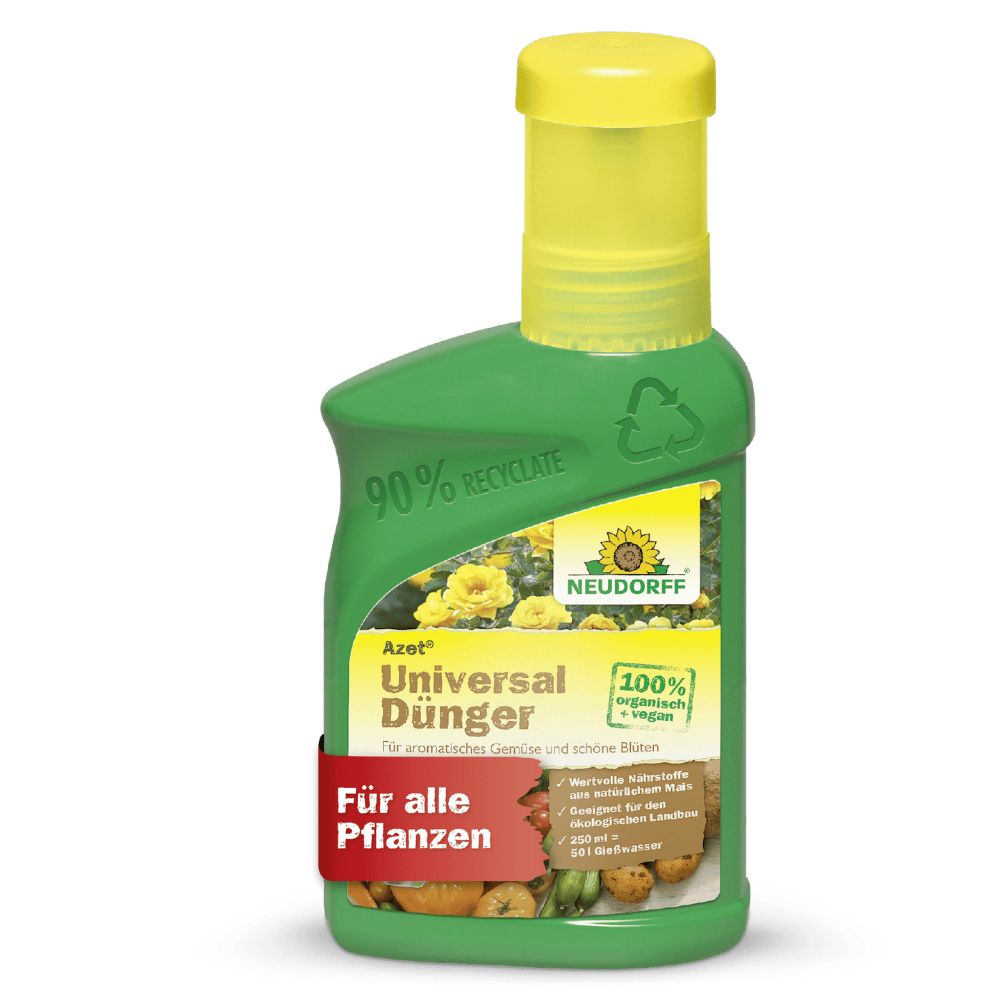 On a green plastic bottle of Neudorff Shop Azet Universal Liquid Fertilizer with a yellow cap, labeled "For all plants" and "100% organic vegan", vegetables and flowers are depicted, emphasizing the balanced nutrient ratio.
