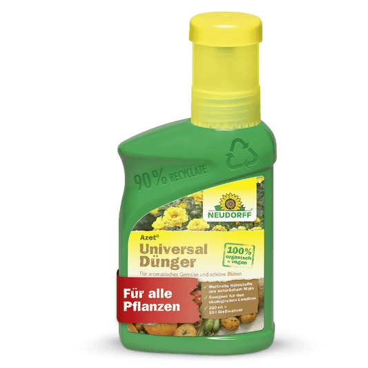On a green plastic bottle of Neudorff Shop Azet Universal Liquid Fertilizer with a yellow cap, labeled "For all plants" and "100% organic vegan", vegetables and flowers are depicted, emphasizing the balanced nutrient ratio.