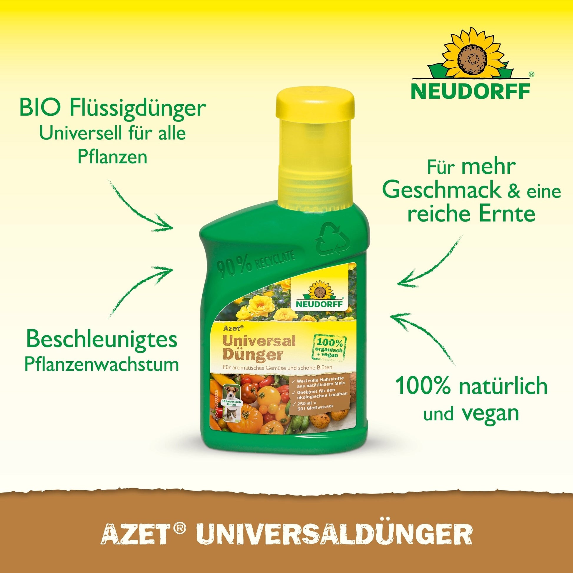 Depicted is a green-yellow bottle of Azet Universal Liquid Fertilizer from Neudorff Shop with German text highlighting the biological, vegan formula for faster plant growth and balanced nutrients for richer harvests.