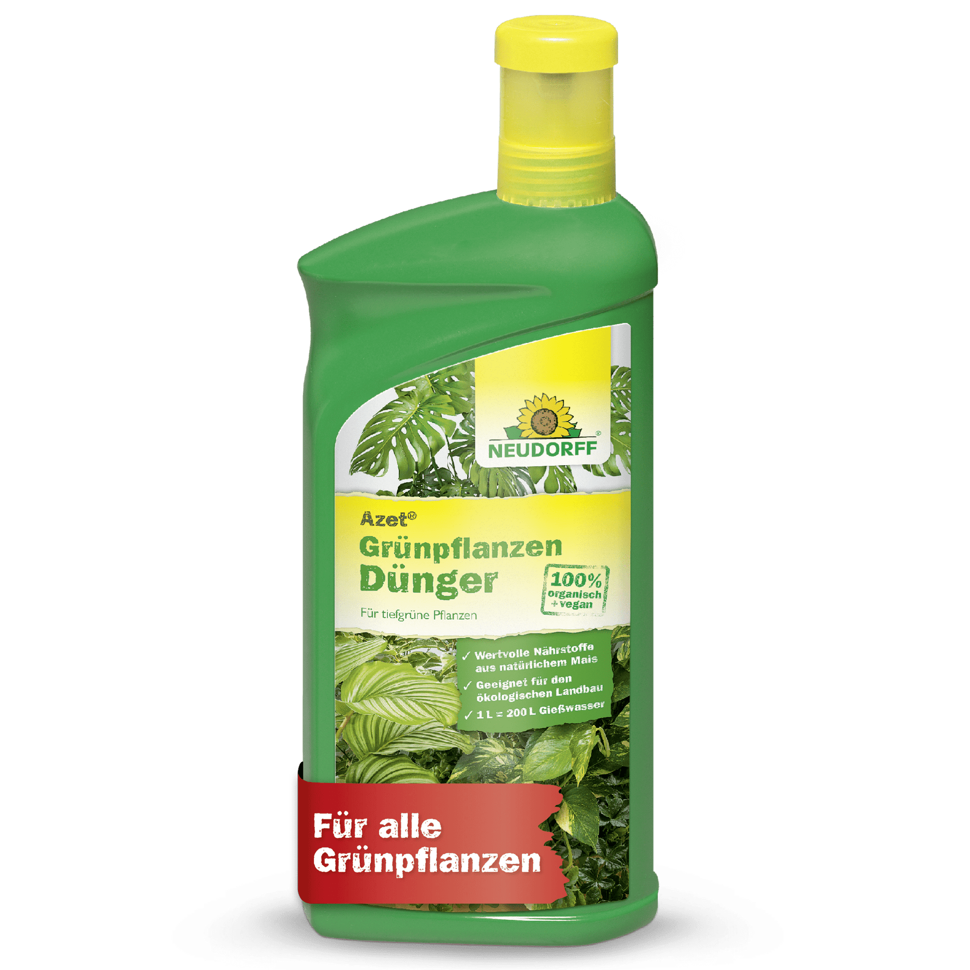 A green plastic bottle from Neudorff Shop Azet Green Plant Fertilizer liquid with a yellow cap. The label features lush green plants and German text indicating that it is a fertilizer providing important nutrients to support healthy green plants.
