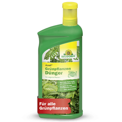A green plastic bottle from Neudorff Shop Azet Green Plant Fertilizer liquid with a yellow cap. The label features lush green plants and German text indicating that it is a fertilizer providing important nutrients to support healthy green plants.