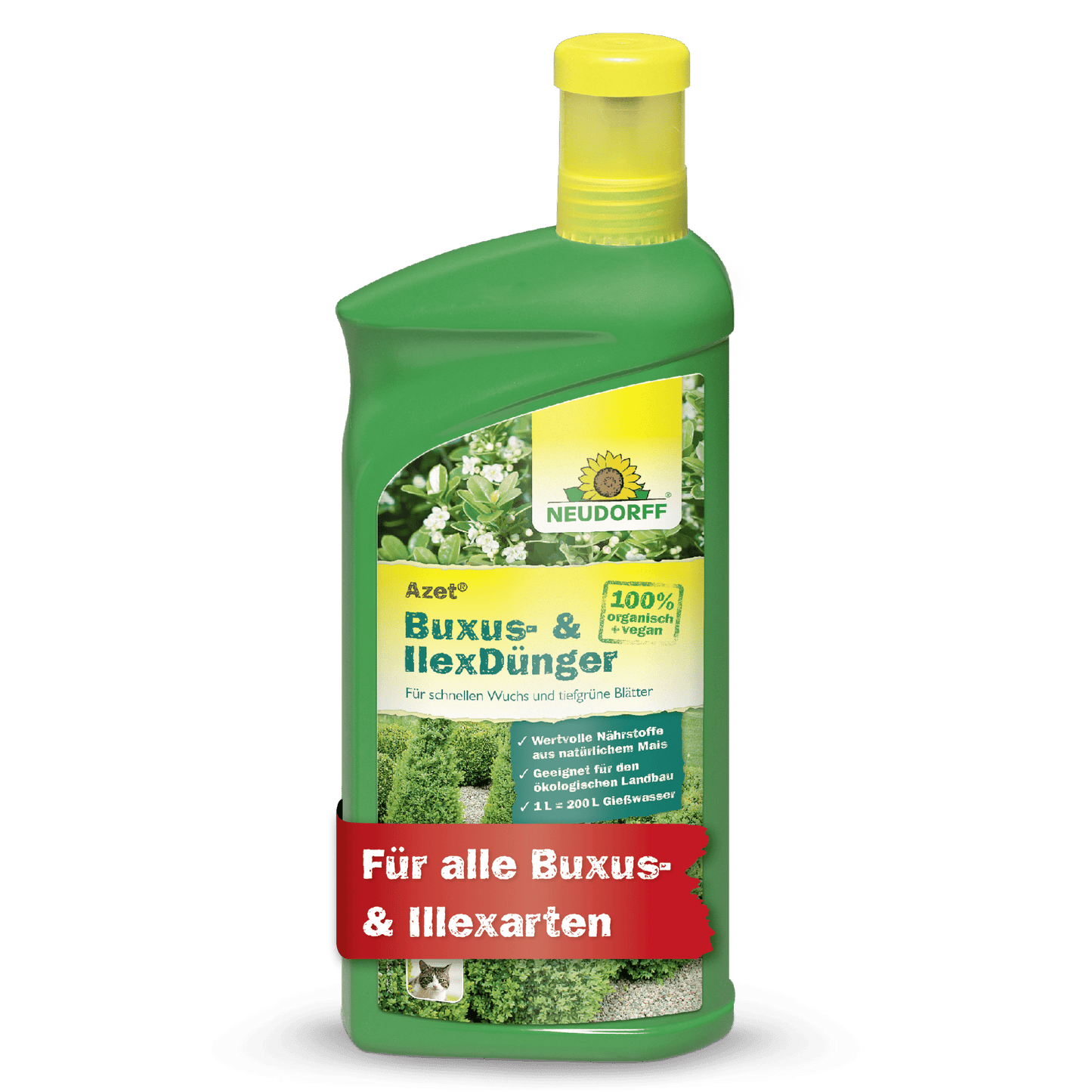 Neudorff Shop Azet Buxus- & IlexFertilizer liquid bottle made of green plastic with a yellow cap, ideal for evergreen container plants. The label features green plants and a red inscription: "For all boxwood & holly types."