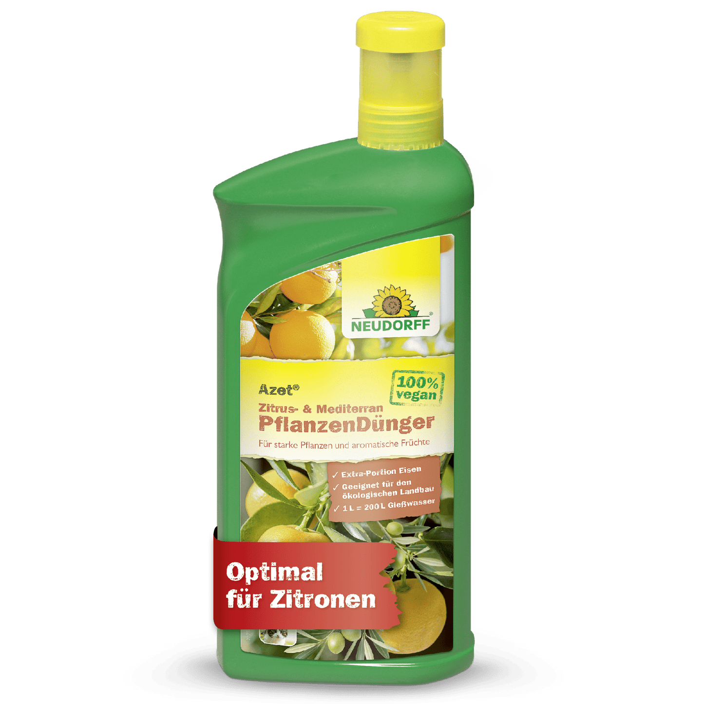 A green bottle of Neudorff Shop Azet Citrus & Mediterranean Plant Liquid Fertilizer with a yellow cap, with citrus fruits on the label and text stating it is a 100% vegan ideal liquid fertilizer for lemons and Mediterranean balcony plants.