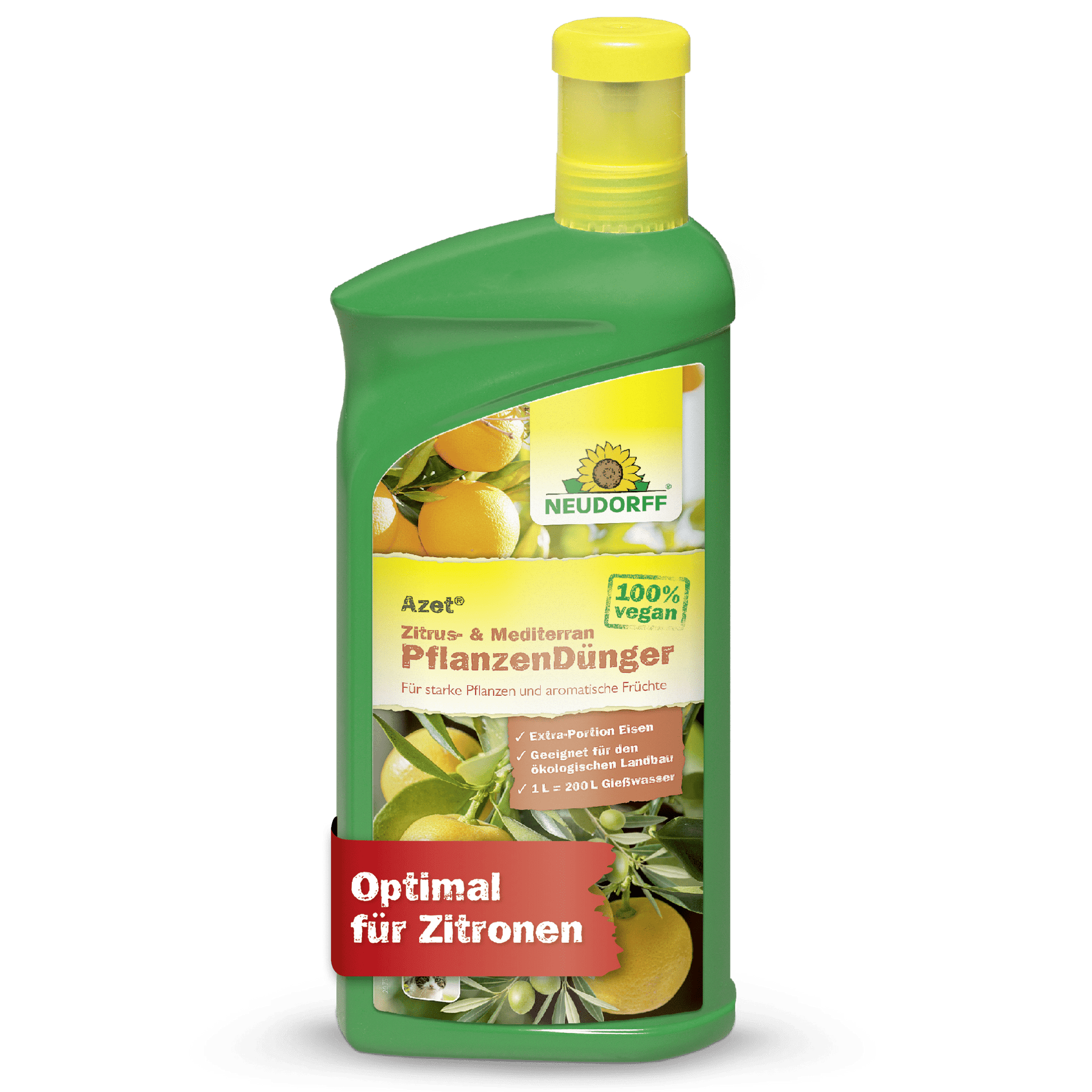 A green bottle of Neudorff Shop Azet Citrus & Mediterranean Plant Liquid Fertilizer with a yellow cap, with citrus fruits on the label and text stating it is a 100% vegan ideal liquid fertilizer for lemons and Mediterranean balcony plants.