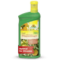 A green bottle of Neudorff Shop Azet Citrus & Mediterranean Plant Liquid Fertilizer with a yellow cap, with citrus fruits on the label and text stating it is a 100% vegan ideal liquid fertilizer for lemons and Mediterranean balcony plants.