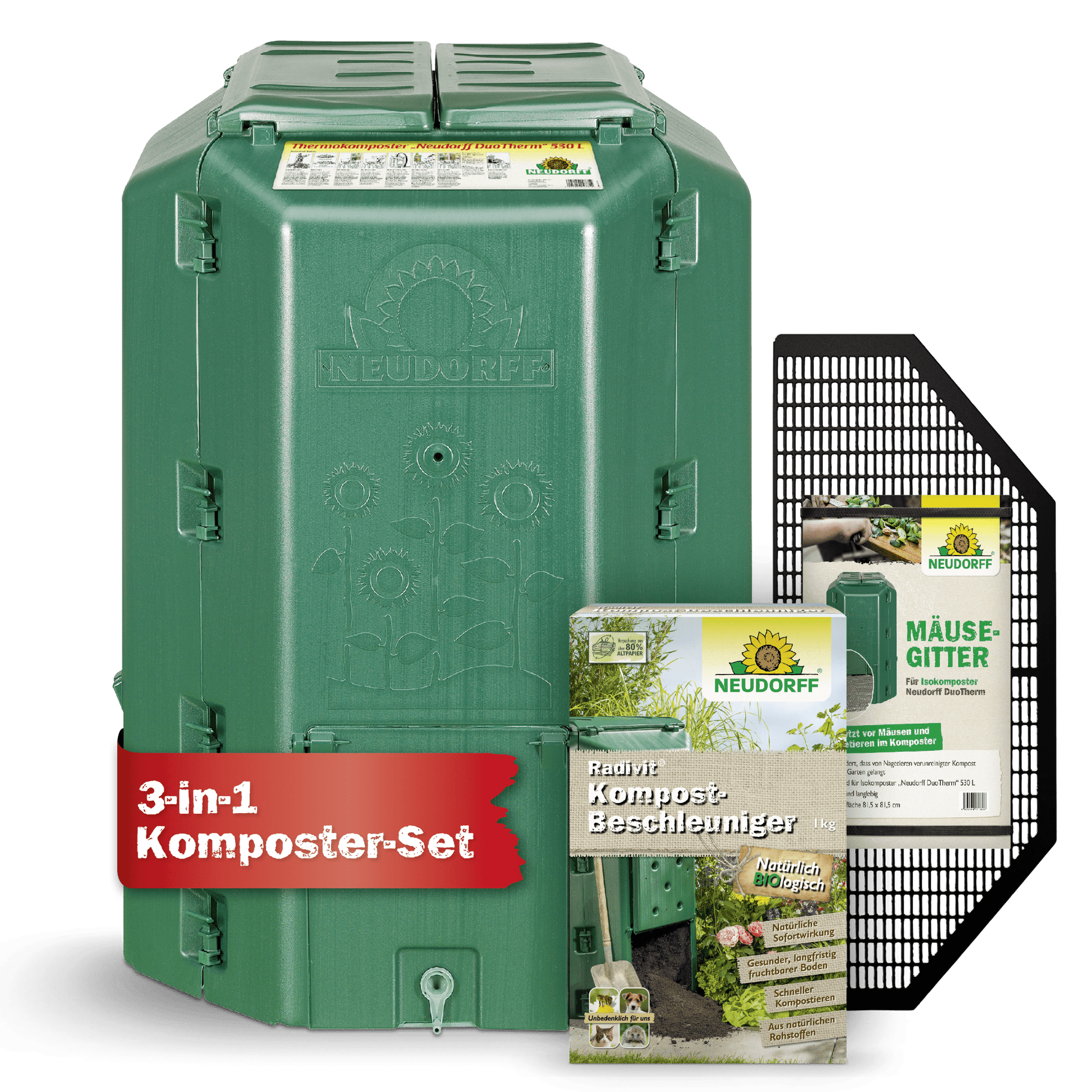 The Neudorff Shop composter set consists of a green plastic compost container, a bag of compost accelerator, and a black rodent protection grid. The red label reads "3-in-1 composter set" - ideal for easy composting and nutrient-rich soil.