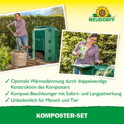 A woman fills a green compost bin in a garden with a pitchfork, demonstrating how to use the Neudorff Shop composter set. A close-up shows her adding compost accelerator. German text and the Neudorff Shop logo appear in the image.