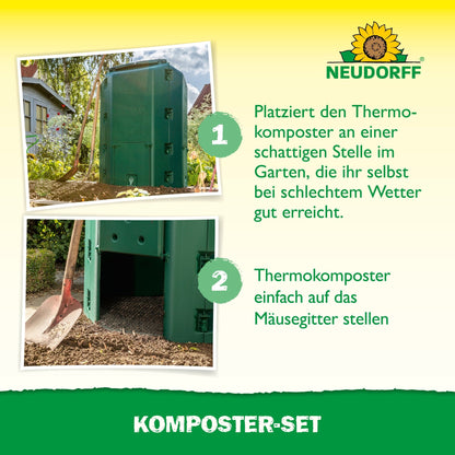 Two photos show the Neudorff Shop composter set in a garden. Step 1: Place the composter in a shady, accessible location. Step 2: Place it on a wire grid to speed up composting. Garden tools and a lawn area are also visible.