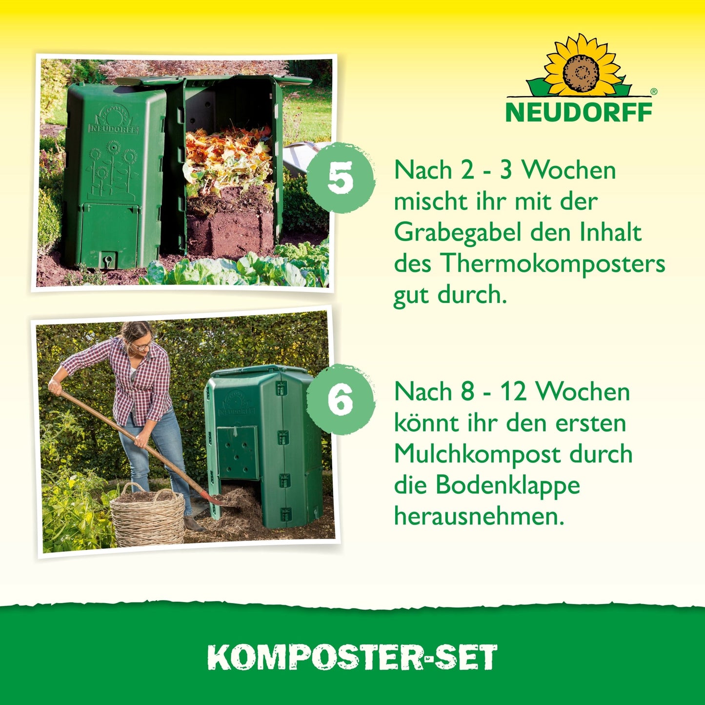 Two photos show the steps for using the green composter set from Neudorff Shop: In the first case, the compost is mixed with a fork, in the second case, it is removed with a shovel. The instructions are in German. The Neudorff logo is visible at the top.