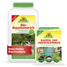 The Neudorff Shop tree protection set is characterized by its distinctive green-yellow branding. Both the organic tree paint bottle and the caterpillar and ant glue ring can feature tree motifs with green tape for tree protection.