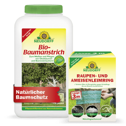 The Neudorff Shop tree protection set is characterized by its distinctive green-yellow branding. Both the organic tree paint bottle and the caterpillar and ant glue ring can feature tree motifs with green tape for tree protection.