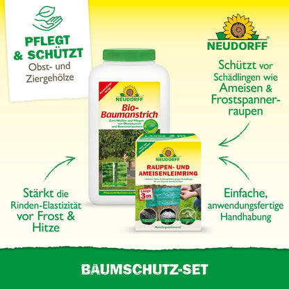 The product image shows the tree protection set from Neudorff Shop, consisting of organic tree paint and glue ring. The text highlights advantages such as pest control, improved bark elasticity, and reliable plant protection.