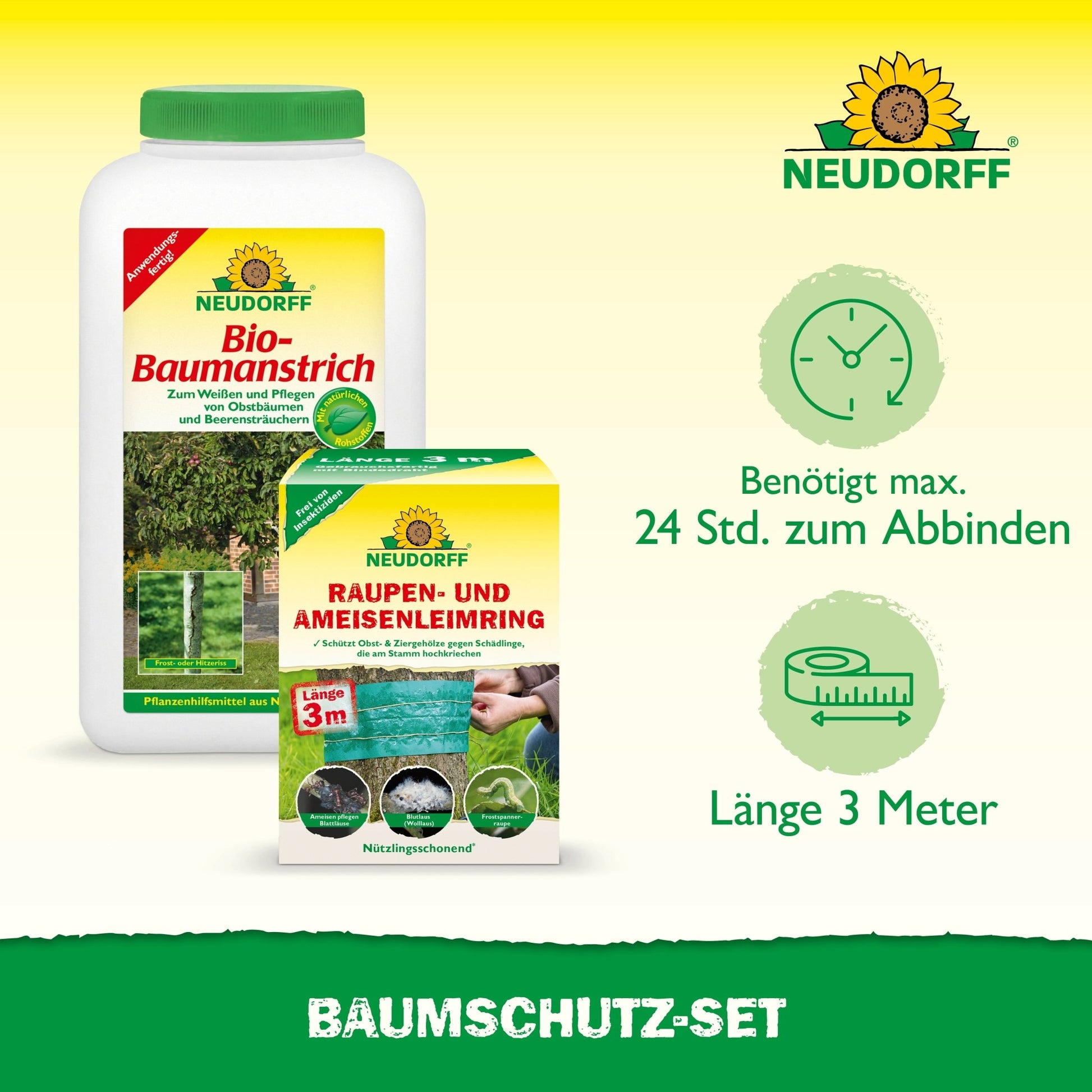 Pictured is a Neudorff Shop tree protection set, consisting of organic tree paint and a caterpillar and ant glue ring (3m). The text highlights tree protection, content, drying time, and the 3-meter length of the glue ring.