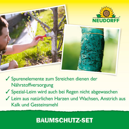 A person applies tree protection set paste to a tree trunk; another image shows the trunk wrapped with glue. The text highlights this Neudorff Shop set with nutrient paste and weatherproof glue. The Neudorff logo is visible above.