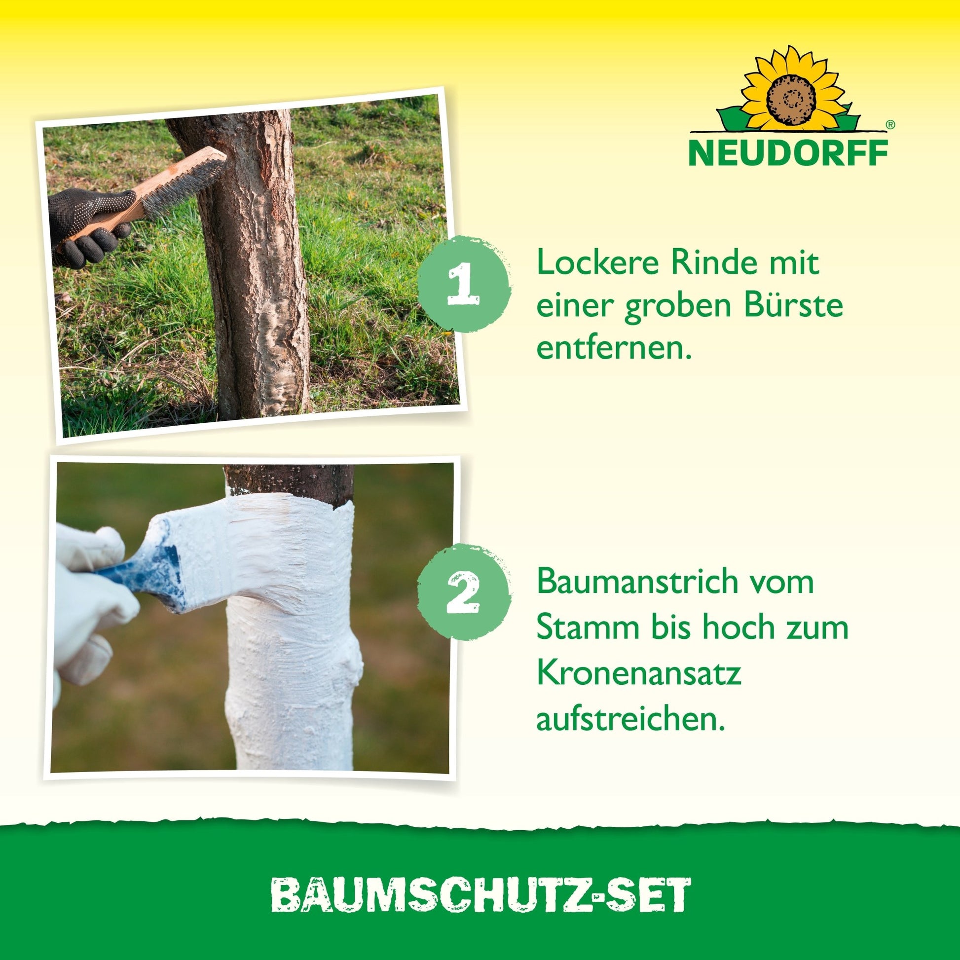 Two instructive photos: The top one shows a hand brushing tree bark, and the bottom one shows the tree protection set being applied to a trunk. A German manual and the Neudorff Shop logo point out the correct tree protection technique.