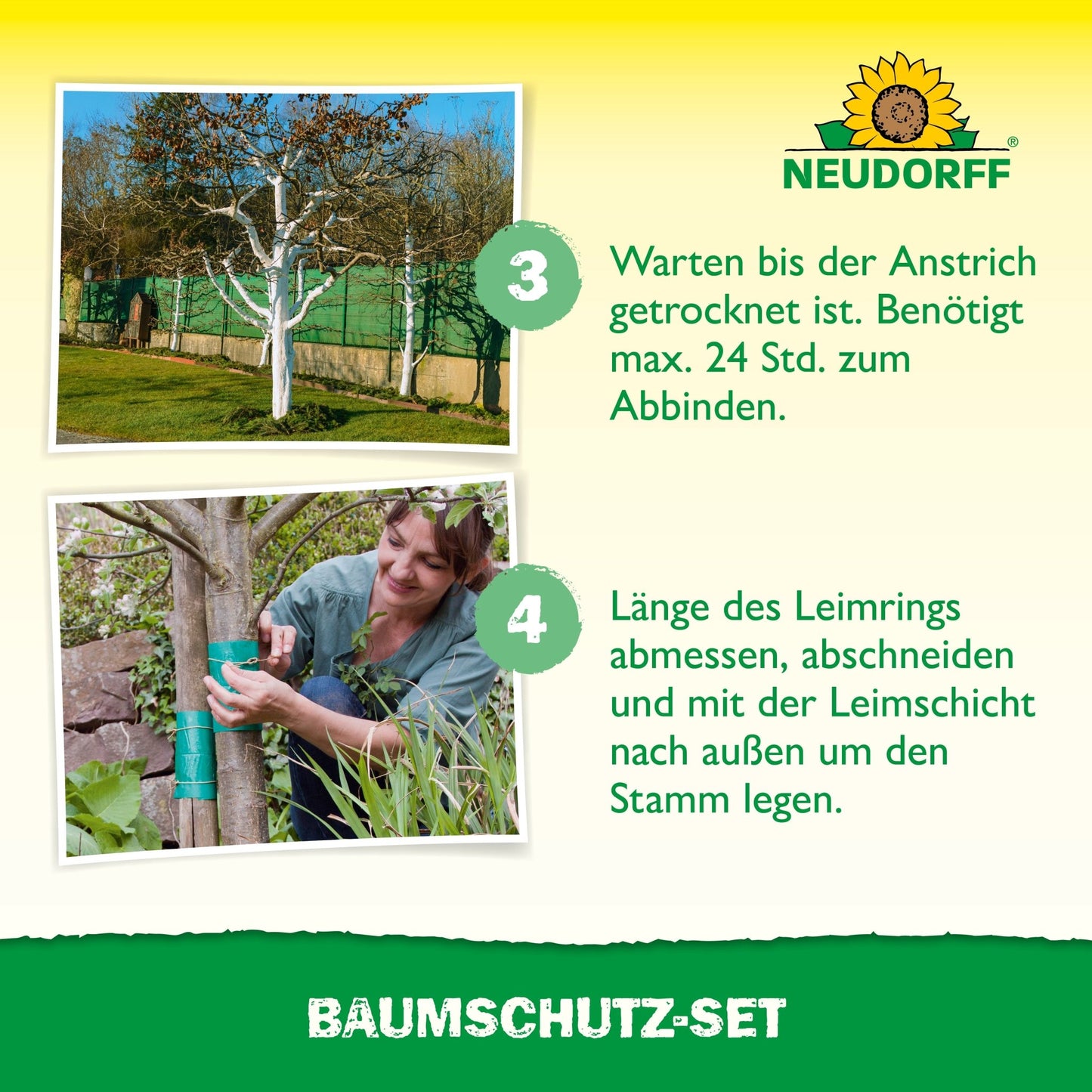 Two images show the Neudorff Shop tree protection set: One shows a painted tree drying after application, the other shows how glue ring tape is wrapped around the trunk. Instructions and Neudorff Shop logos are visible.