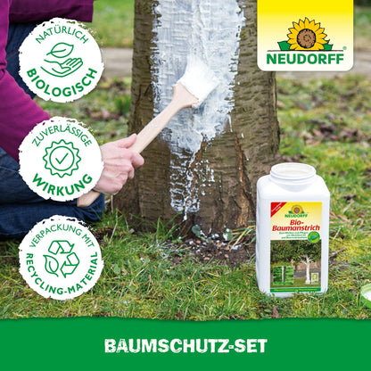 A person brushes a tree trunk with the Neudorff Shop tree protection set. The product container rests on the grass, while circular symbols highlight the protective properties of the product. The text reads "Tree protection set.