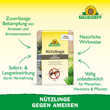 In the middle, there is a 'Beneficial Insects against Ants' box from Neudorff Shop with green and yellow branding. The German text explains that nematodes effectively and naturally combat ant nests, safe for humans, animals, and plants.