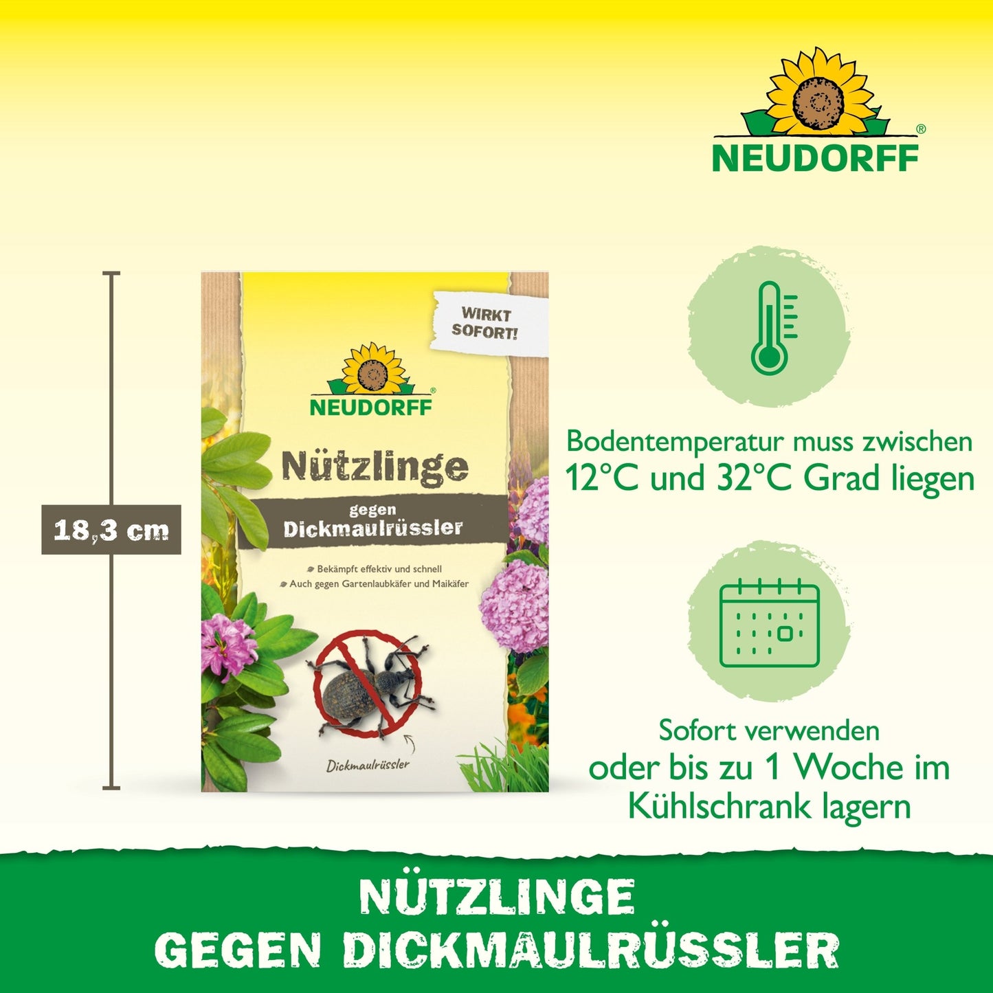 Pictured is a package of "Beneficial Insects Against Vine Weevils" from the Neudorff Shop, indicating the height of 18.3 cm, the required soil temperature, and application instructions for this natural nematode-based pest control product.