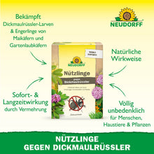 The focus is on a package of "Beneficial Insects Against Vine Weevils" from Neudorff Shop, which offers natural pest control with nematodes. Green arrows highlight the natural, safe, and effective properties in German.