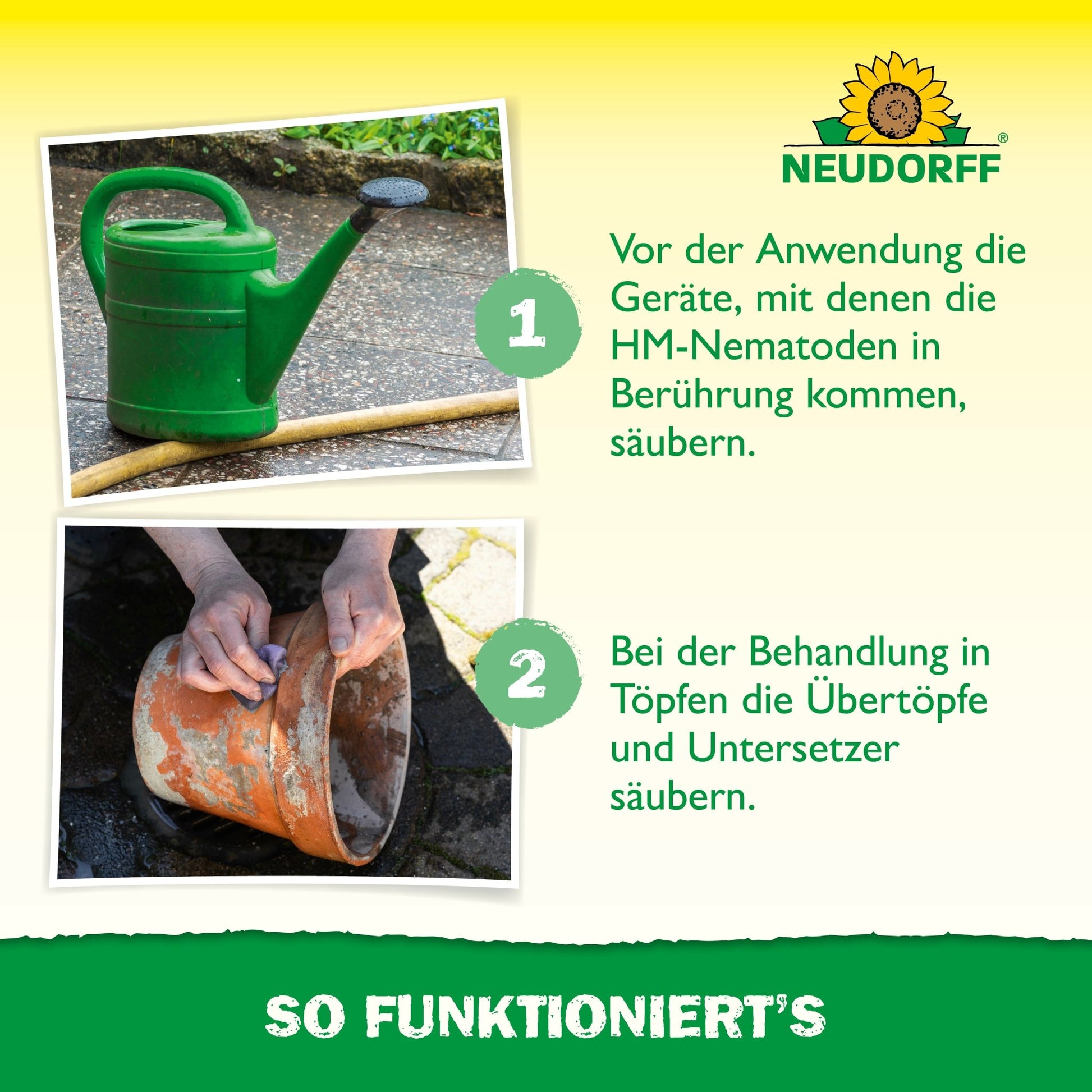 A green watering can and a hand cleaning a flower pot. Note: Before using beneficial insects against vine weevils from Neudorff Shop, thoroughly clean tools, planters, and saucers.
