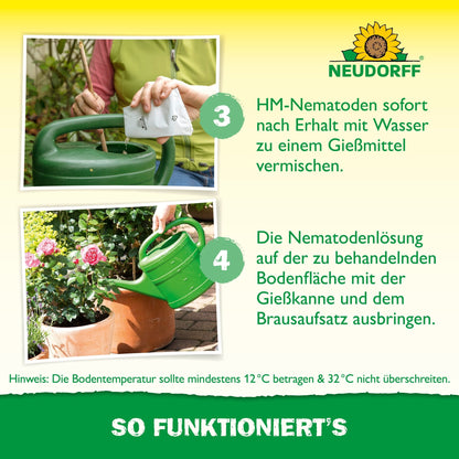 A person mixes beneficial insects against vine weevils from Neudorff Shop with water in a green watering can to combat grubs and pours the solution onto the soil. The image shows instructions and information in German.